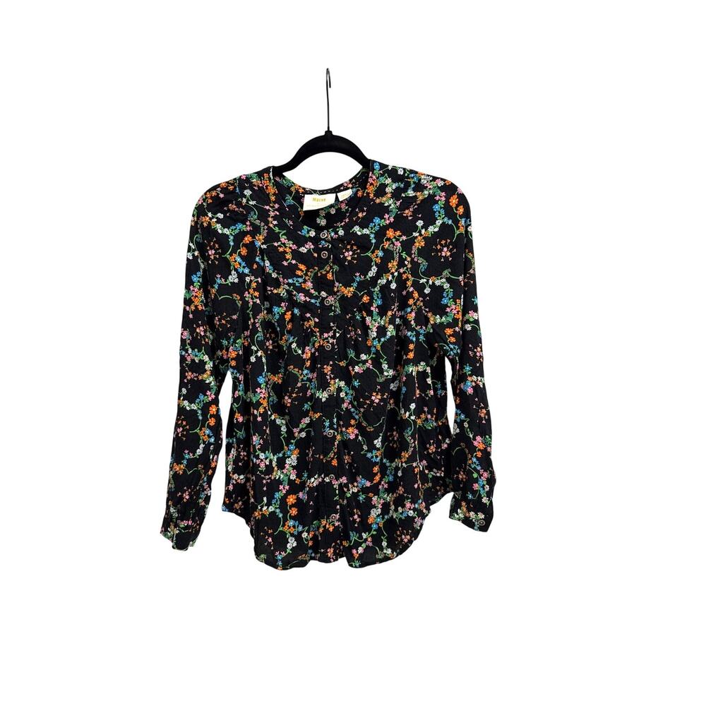 MaEVE x Anthropologie Avignon Black Floral Flowy Button-down Boho Blouse Small